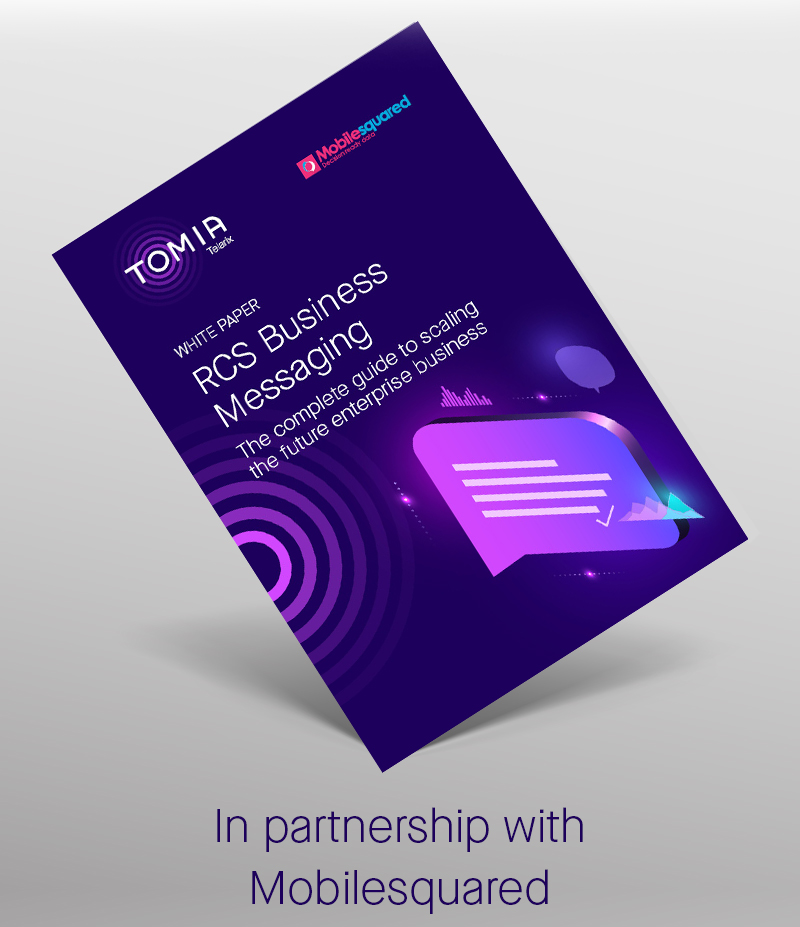 cover of white paper with futuristic RCS message bubble in TOMIA brand colors